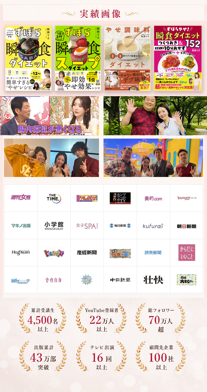 実績画像・メディア掲載多数。テレビ出演写真／週刊女性・THE TIME,・美的.com・Yahoo!ニュース・小学館・女子SPA!・毎日新聞・朝日新聞・産経新聞・読売新聞・中日新聞・壮快ほか雑誌掲載多数。累計受講生4,500名以上／YouTube総登録者22万人以上／総フォロワー70万人突破／累計43万部突破／テレビ出演16回以上